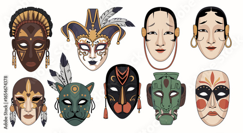 Collection of diverse traditional masks representing different cultural heritage and artistic expressions from around the world showcasing detailed