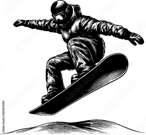 Vintage engraved illustration of snowboarder performing jump for winter sports design