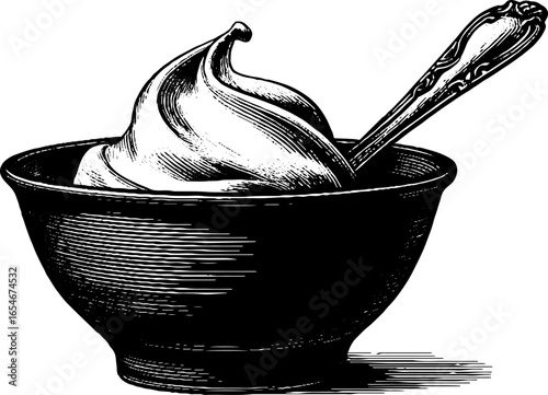 Engraved illustration of sour cream bowl spoon, vintage sketch with hand drawn design.
