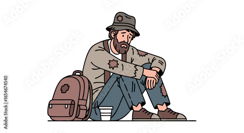 Illustration of a homeless man sitting on the ground with a backpack and a cup, depicting themes of homelessness and urban hardship in a detailed