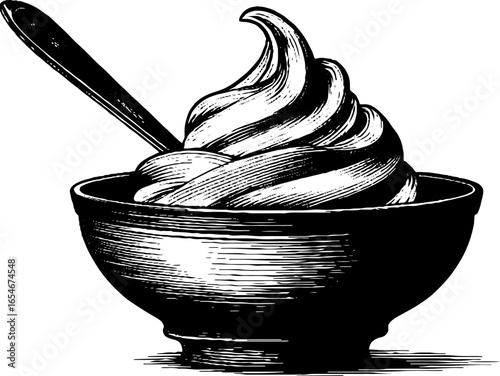 Vintage engraved illustration of a sour cream bowl with spoon for retro design