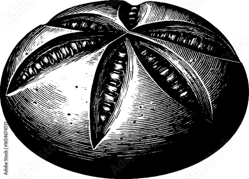 Engraved illustration of sourdough boule bread with pattern design for retro kitchen decor