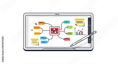 Digital note-taking device displaying interconnected concept maps and data visualizations for creative brainstorming and analytical thinking