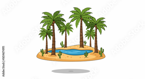 Tropical island oasis with lush palm trees surrounding a serene water pond in a vibrant cartoon style representing a lush desert island scene with