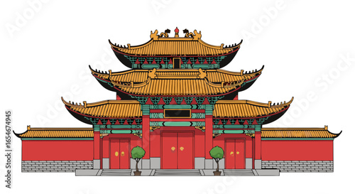 Traditional Chinese Temple with Multi-tiered Roofs and Ornate Architectural Details Showcasing Cultural Heritage and Artistic Craftsmanship