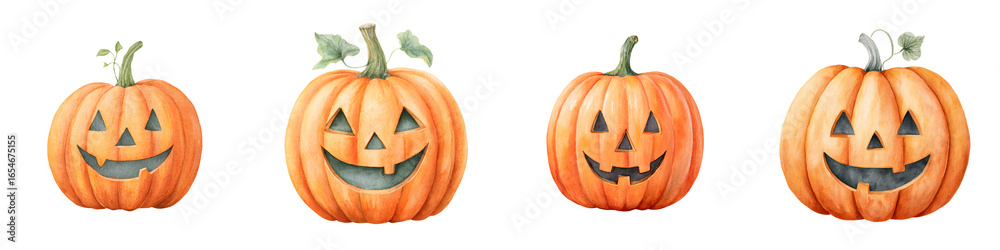Fototapeta premium Watercolor Jack-o'-Lantern Collection: Cute Halloween Pumpkin Illustrations for Seasonal Designs