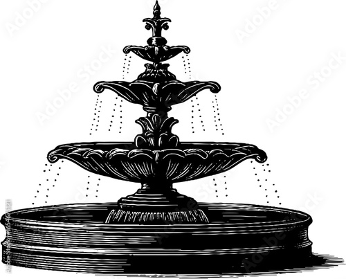 Vintage hand drawn stone fountain engraving for design and decoration