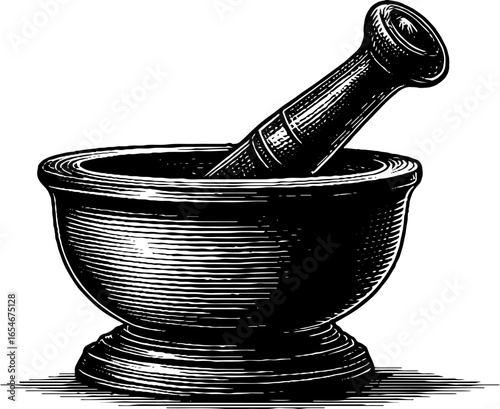 Vintage hand-drawn stone mortar and pestle engraving for kitchen design