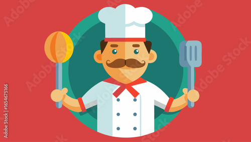 A chef is holding a spatula and a fork in a smiling pose. Concept of warmth and hospitality, inviting the viewer to imagine enjoying a delicious meal prepared by the chef