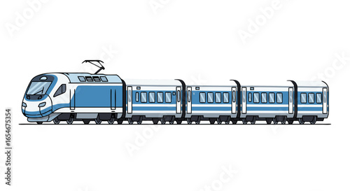 Modern electric passenger train ready for operation on railway tracks with sleek aerodynamic design and electric overhead lines for sustainable
