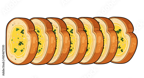 Delicious garlic bread slices with herb butter topping arranged in a neat row highlighting crispy crust and flavorful herbs