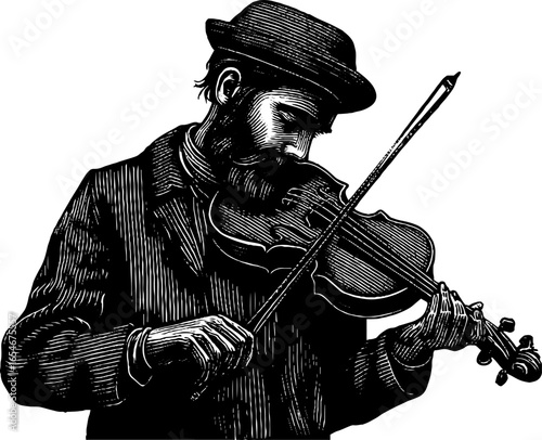 Vintage engraving of street musician playing violin - ideal for retro design and artistic projects