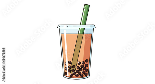 Refreshing bubble tea in a clear plastic cup with a green straw and tapioca pearls on a plain white background