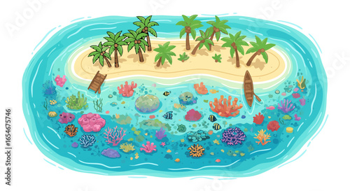 Vibrant tropical island surrounded by colorful coral reef with lush palm trees and crystal-clear waters capturing a lively marine and coastal