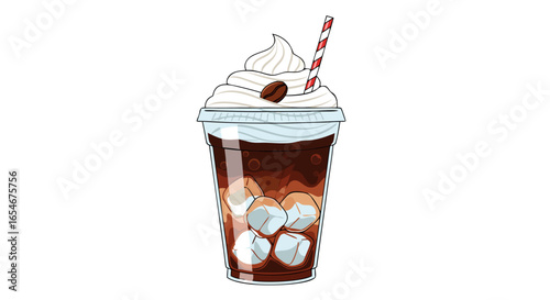 Delicious cold chocolate beverage with whipped cream and ice cubes featuring a straw and a chocolate decoration on top perfect for refreshment and