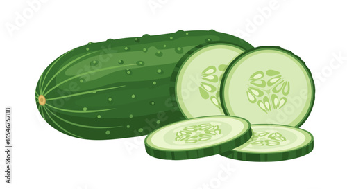 Freshly sliced cucumber with whole vegetable for healthy eating and culinary presentation on a bright white background
