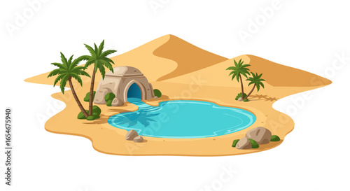 Serene desert oasis surrounded by lush palm trees and golden sand dunes with a calming blue water body perfect for relaxation and nature escape
