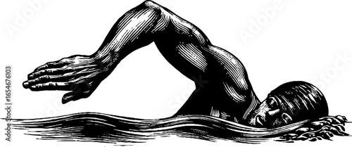 Vintage engraved illustration of swimmer performing freestyle stroke