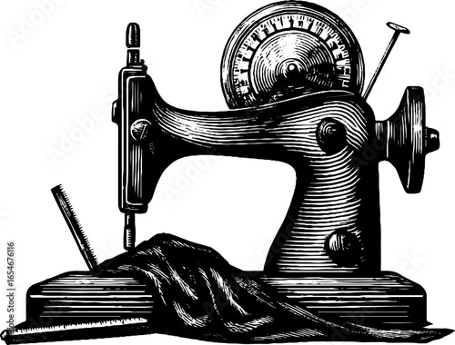 Vintage engraving of tailor's sewing machine with fabric for retro design