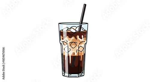 Refreshing tall glass of iced chocolate drink with ice cubes and straw for cooling beverages or desserts on a hot day