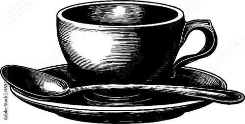 Engraved illustration of teacup saucer spoon, vintage sketch with hand drawn design.
