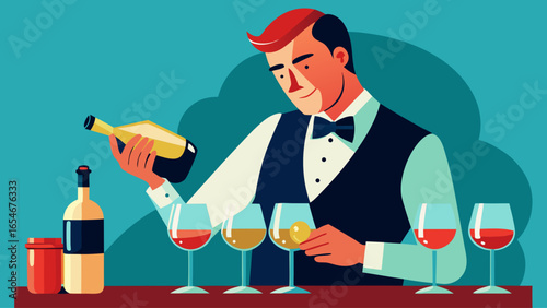 A man in a suit is pouring wine into a glass. The wine bottle is next to him, and there are two wine glasses on the table. The man is wearing a tie and a vest, and he is in a professional setting
