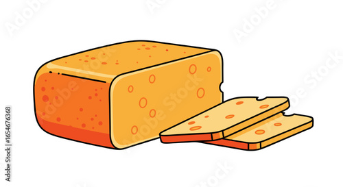 Illustration of a block of cheese with two slices on a plain white background suitable for culinary or food industry designs