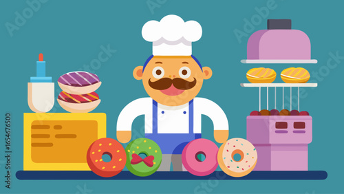 A man wearing a chef's hat is standing in front of a table filled with different types of donuts. He is in a kitchen setting, possibly preparing or serving the donuts