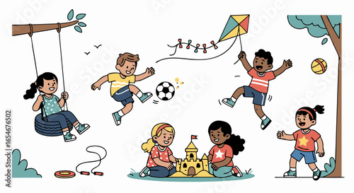 Colorful Illustration of Children Playing Outdoors with Wind Toys and Sandcastle in a Cheerful Park Scene during Daylight