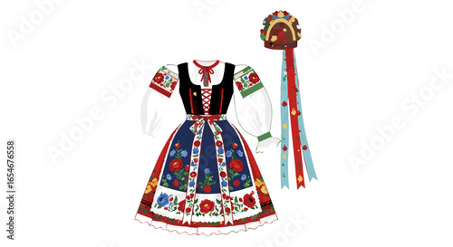 Traditional Eastern European folk costume with intricate floral embroidery and colorful accessories suitable for cultural festivals and heritage