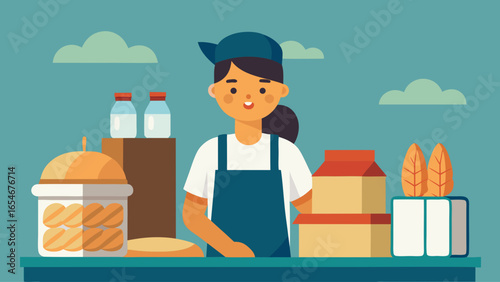 A woman is standing behind a counter with a variety of food items, including sandwiches, bread, and drinks. She is smiling and she is in a friendly and welcoming mood