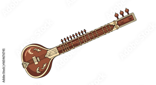 Illustration of a traditional stringed musical instrument with intricate decorative patterns and tuning pegs isolated on a white background