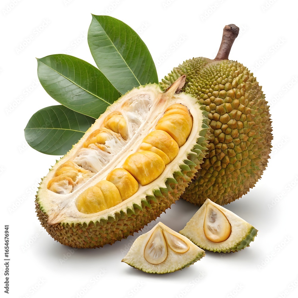 Fototapeta premium Cempedak Putih Rare Creamy-White Tropical Fruits with Smooth Subtle Texture on Clean White Background, Minimal Still Life Capturing the Exotic Delicate Beauty of Southeast Asian Produce