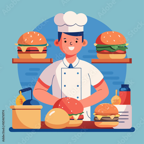 A chef is making hamburgers and has a smile on his face. There are several different types of hamburgers on display, including a veggie burger and a cheeseburger. The chef is surrounded by condiments