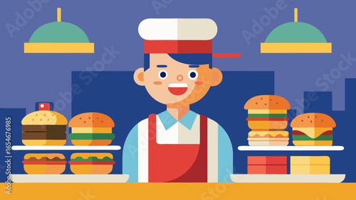 A chef is making hamburgers and has a smile on his face. There are several different types of hamburgers on display, including a veggie burger and a cheeseburger. The chef is surrounded by condiments