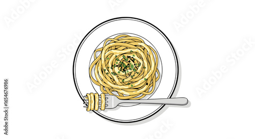 Elegant illustration of a plate of spaghetti pasta garnished with herbs and garlic, accompanied by a fork with noodles twirling around it for