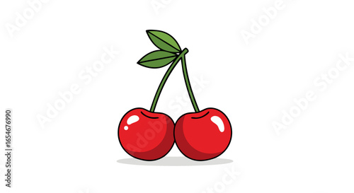 pair of vibrant red cherries with fresh green leaves and smooth shiny surface perfectly capturing the essence of summer fruit freshness and natural