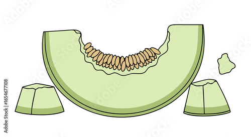 Illustration of a sliced cantaloupe melon with seeds and chunks depicted in a simple cartoon style highlighting fresh fruit and nutrition concepts