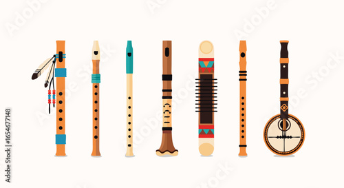 Collection of colorful traditional flutes and wind instruments with diverse designs and vibrant patterns suitable for cultural and musical context