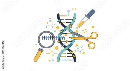 Innovative biological research concept with DNA helix and laboratory tools illustrating genetic analysis and molecular biology techniques in a