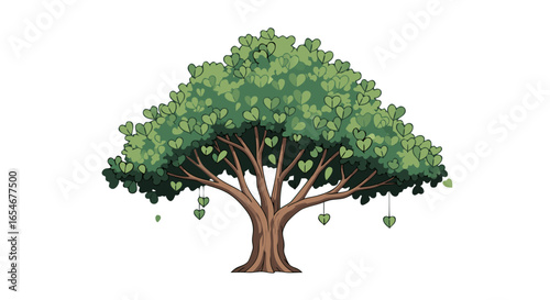 Illustration of a lush heart-shaped leafy tree with hanging foliage and sturdy trunk symbolizing growth and nature in a minimalistic style