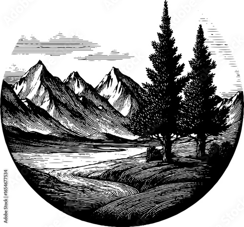 Engraved tundra landscape with mountains and trees in vintage style for nature art design