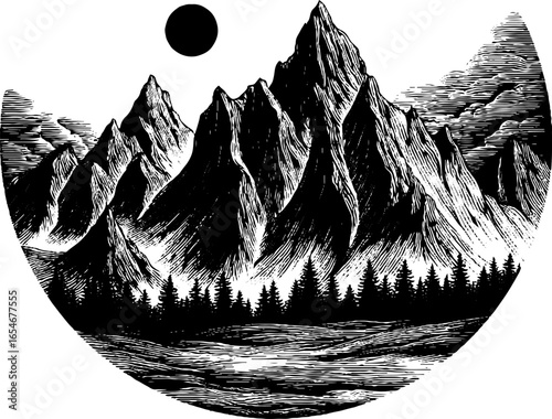 Engraved tundra plain with majestic mountains and forest silhouette