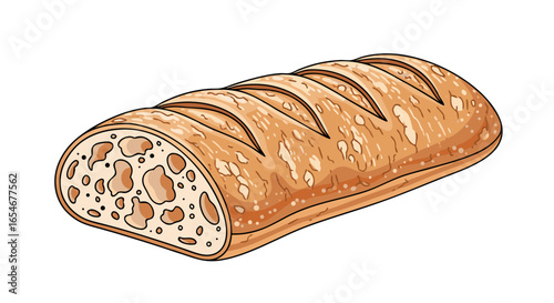 Illustration of a freshly baked baguette bread with crispy crust and detailed interior texture showing airy crumb structure within