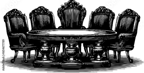 Victorian dining room scene with antique furniture for historical interior design and decoration