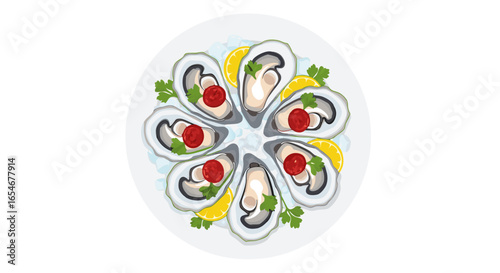 Assorted Fresh Oysters Displayed on a Round Plate with Lemon Wedges Chopped Herbs and Cherry Tomatoes for Seafood Presentation