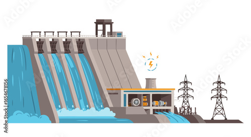 Illustration of a large dam with water flowing through spillways and electrical infrastructure reflecting energy generation and power supply system