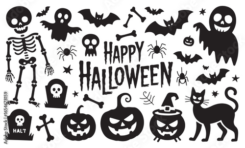 Creepy Halloween design with skeletons, pumpkins, and other spooky elements for festive uses.