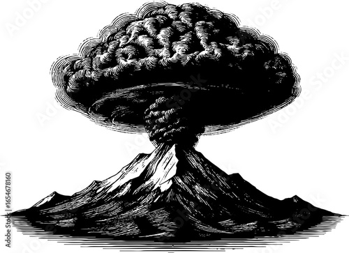 Vintage engraving of volcanic eruption - hand drawn silhouette for retro design and print