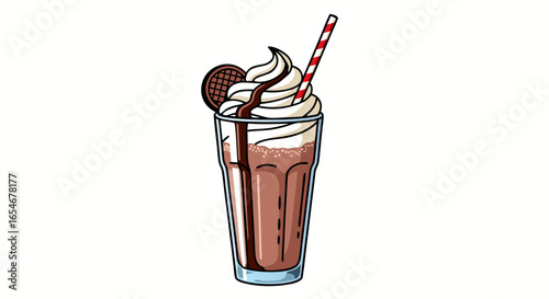 Delicious chocolate milkshake with whipped cream and cookie toppings served in a tall glass for a sweet refreshing treat perfect for warm days or